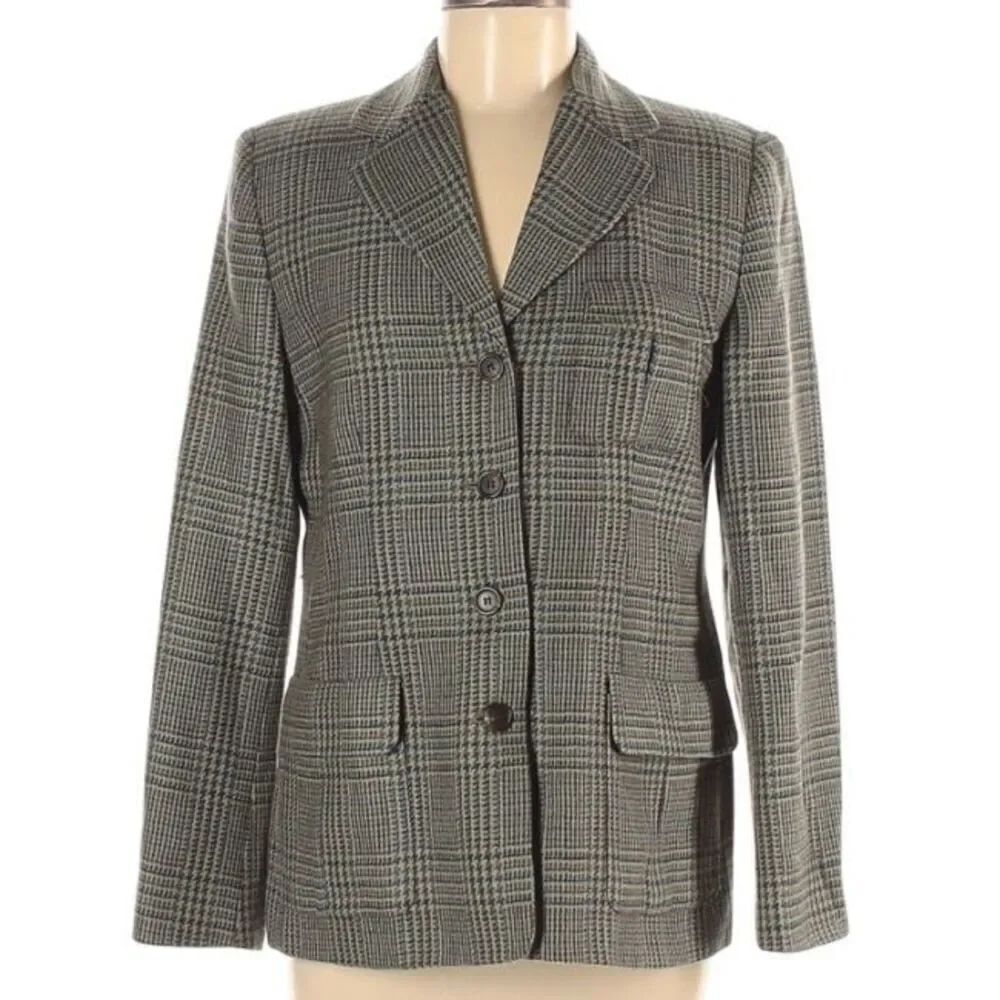 ✨Talbots Wool Sz 14 Blazer Green Beige Plaid Lambswool✨